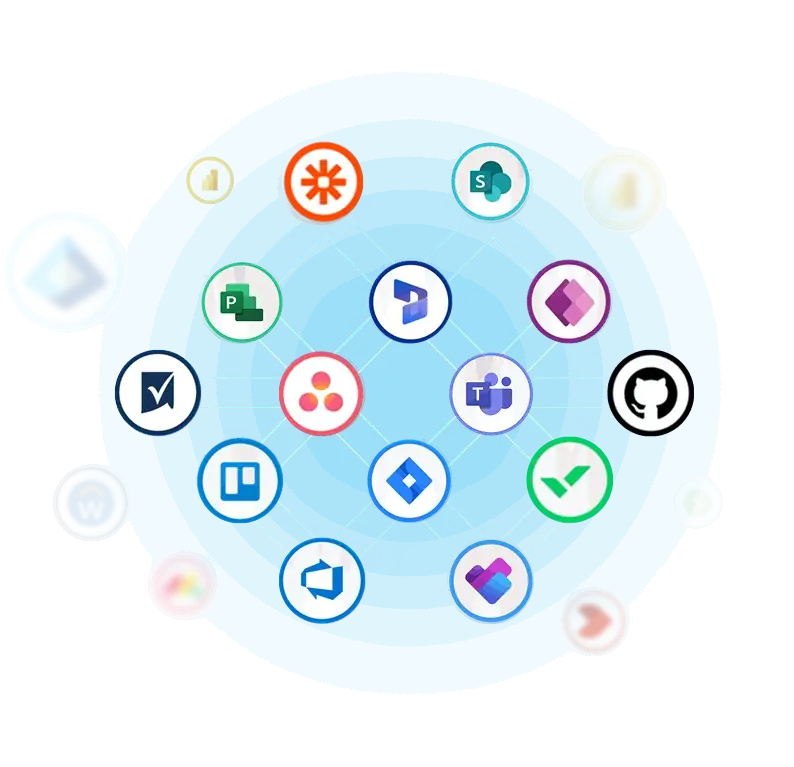OnePlan integration map connecting Microsoft Project, Teams, SharePoint, Power Platform, Azure DevOps, Jira, Asana, Trello, Smartsheet and GitHub