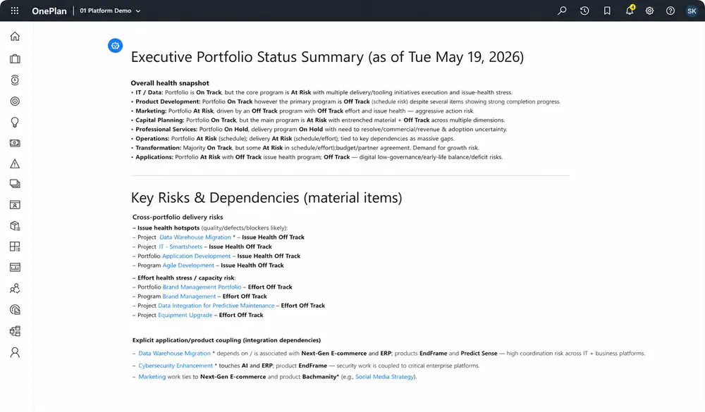 OnePlan Sofia AI executive portfolio status summary with key risks and dependencies