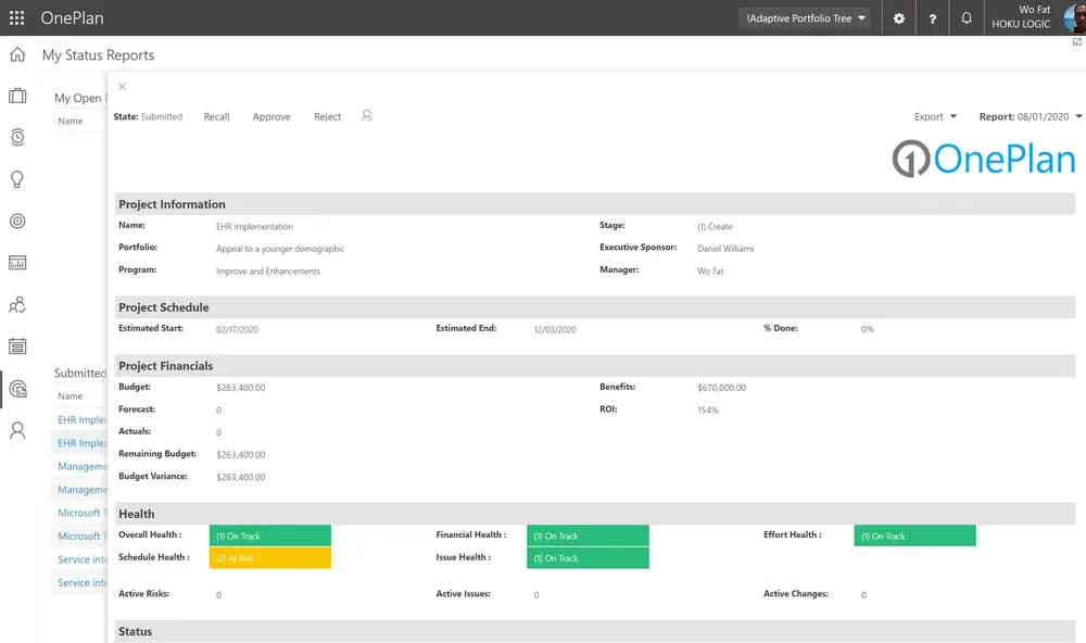 OnePlan status report with project information, financials and health